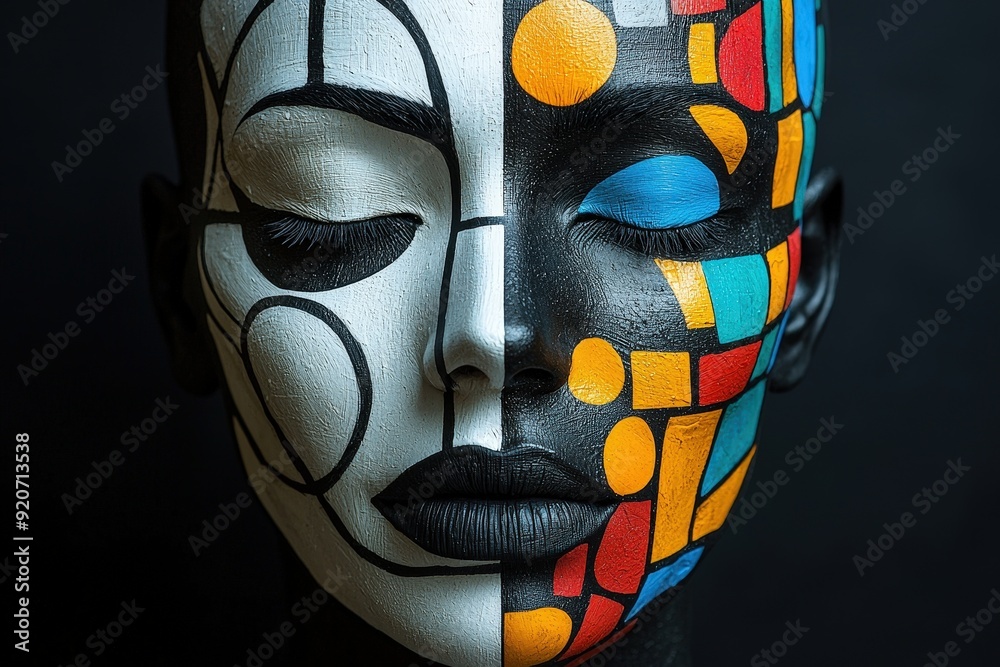 Poster A model showcases intricate face paint combining black and white patterns with vivid colors, emphasizing artistic expression at a creative gathering