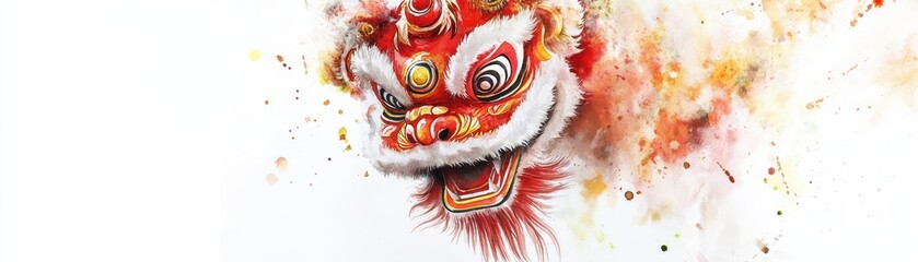 Watercolor depiction of a Chinese lion dance during MidAutumn, powerful and vibrant, isolated on white background