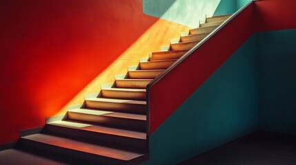 Brightly lit staircase in a colorful interior with contrasting walls during the day