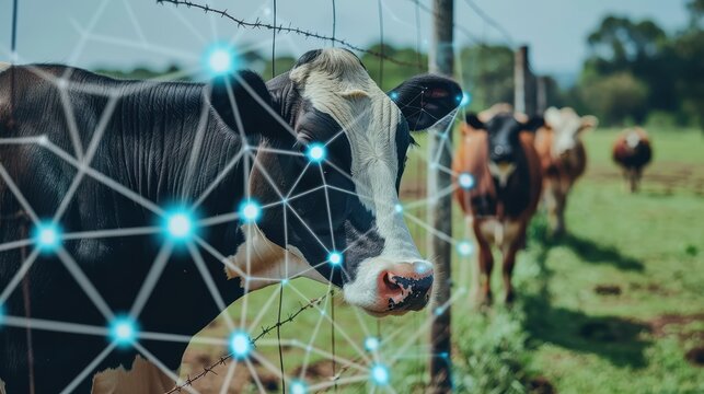 A dairy cow stands near a fence while technology overlays illustrate connectivity in the rural setting