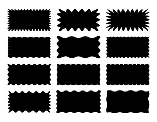 Set of rectangle shape frames with zigzag edge. Uneven zigzag rectangular shapes. Jagged rectangle. Isolated elements for design of text box, badge, banner