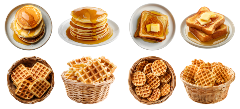 Collection 4 set of basket plate of bread batter breakfast pile. Pancake, French toast, Square round Waffle waffles wafel on transparent background cutout, PNG file. Mockup template for artwork design