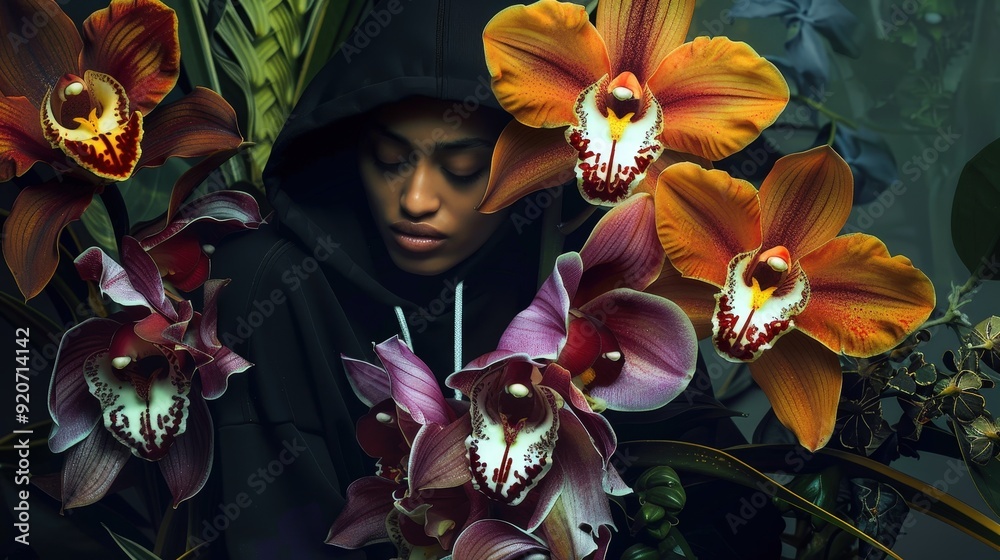 Poster a young individual in a hoodie is immersed in a lush environment filled with colorful orchids, captu