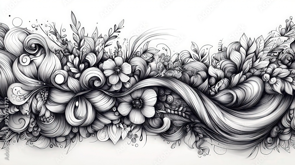 Poster a detailed black and white illustration showcases an array of flowers, leaves, and swirling patterns