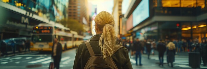 A woman with a backpack walks through a busy city street filled with people, bright lights, and urban hustle and bustle.