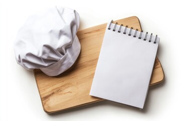 Fototapeta premium Chefs cap, notepad lie on a white background with generative ai