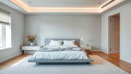 Modern bedroom interior with a king size bed.