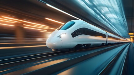 Fototapeta premium High-Speed Bullet Train Speeding Through Modern Railway Tracks