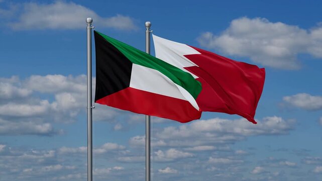 Bahrain and Kuwait flags flying together, video concept of the relationship, two country relations concept