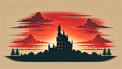 Naklejka premium Enchanted Castle at Sunset with Fiery Red Sky