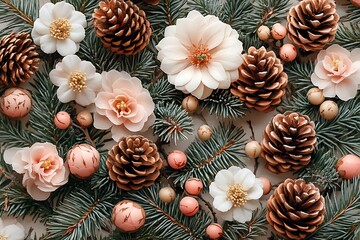 A pastel winter floral arrangement with pine cones and branches.
