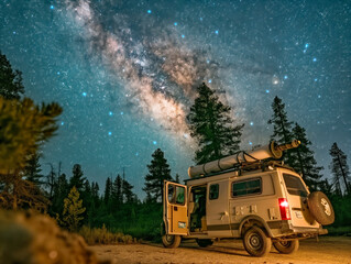 A white van is parked in a forest at night. The sky is filled with stars and the moon is visible. The scene is peaceful and serene, with the van providing a sense of adventure and exploration