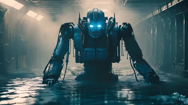 Giant angry killer soldier robot with glowing eyes walking towards the camera through a flooded hi-tech underground or spaceship tunnel. Dangers of AI. Science-fiction cinematic footage.