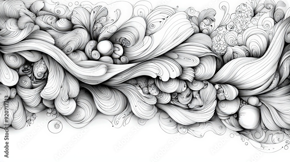 Poster A complex arrangement of swirling lines and shapes creates an intricate abstract design, emphasizing fluid movement and organic forms