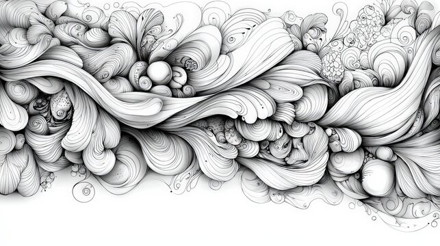 A complex arrangement of swirling lines and shapes creates an intricate abstract design, emphasizing fluid movement and organic forms