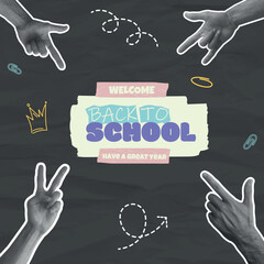 Back to school.Halftone Collage isolated dark.Retro collage background with halftone human hands pointing to ripped paper.Trendy School theme.Web and social media.Promotional and advertising template.