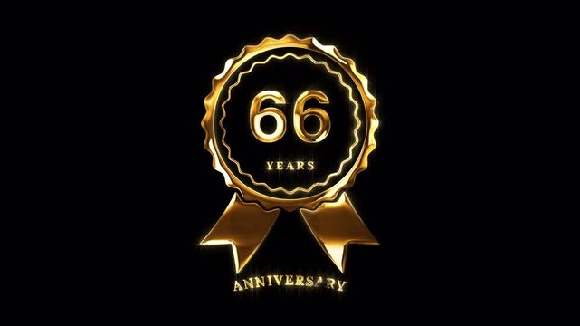 66th Anniversary Celebration. Happy 66 Years Anniversary Animation in Gold Color on the Transparent Background, Alpha Channel. Great for greetings, celebrations, events, and gifts.
