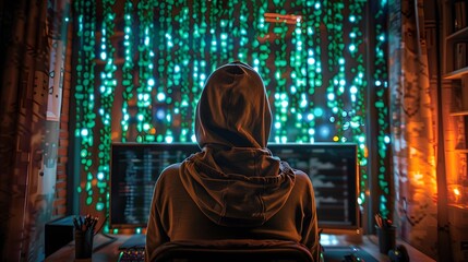 Obraz premium Hacker Sitting in a Computer Server Room, Surrounded by Technology and Code