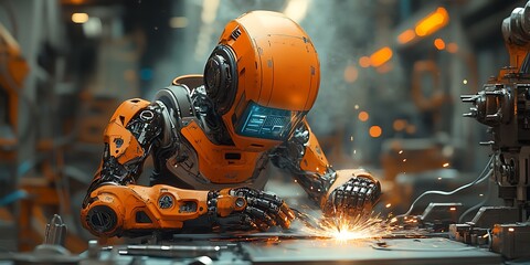 An orange robot welding metal in a futuristic factory setting.