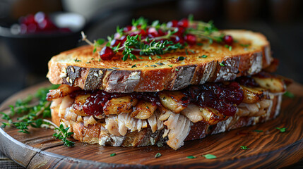 Thanksgiving Leftovers Sandwich With Moist maker on a round wooden board