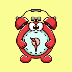 Cute red alarm clock character with a big smile and expressive eyes on a light yellow background. Playful, cartoonish design, perfect for children's products, or fun-themed projects.