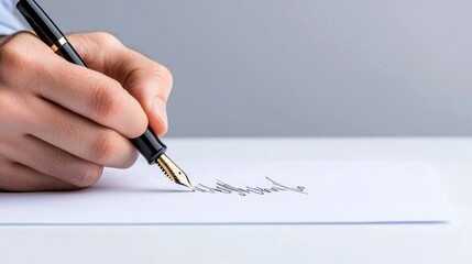 A close-up of a hand writing with a fountain pen, with ink flowing onto the paper
