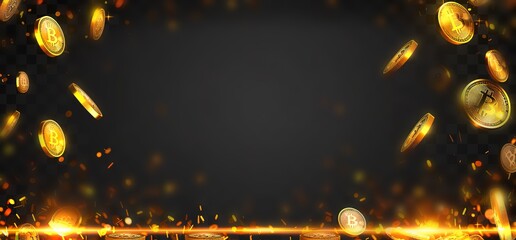 Abstract background with falling gold coins on dark background.  Golden coins raining down with sparks.