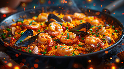 The table in the restaurant with Spanish paella