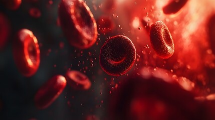 A close-up image of red blood cells in a flowing bloodstream, showing their biconcave shape and vibrant red color, illustrating the essential role they play in oxygen transport