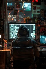 Hacker Sitting in a Computer Server Room, Surrounded by Technology and Code