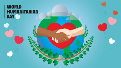 A powerful vector celebrating World Humanitarian Day, showcasing hands shaking over a heart and globe, symbolizing global unity, peace, and humanitarian efforts. Ideal for use in awareness campaigns.