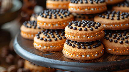 Themed cookies on black dotted muffrel