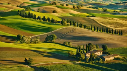 Naklejka premium A view of a large farm with many trees and hills, AI