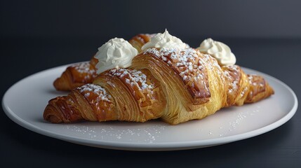A delicious croissant pastry with whipped cream on top, possibly a breakfast item or a sweet treat for dessert. Coated in sugar for a sweet flavor profile.