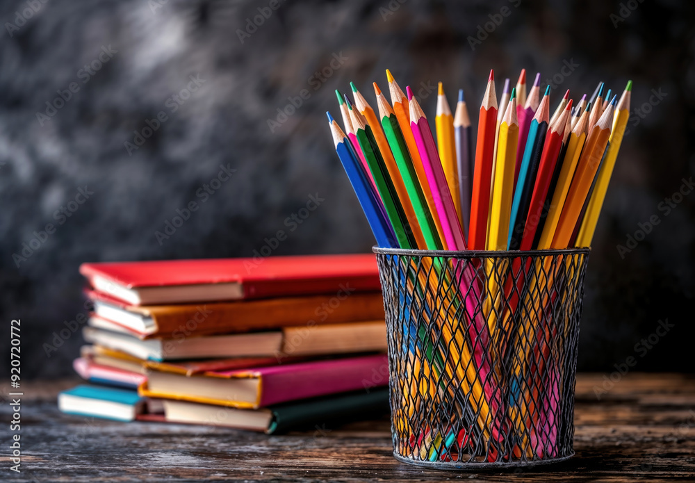 Poster colorful pencils standing in a metal pot on a desk with books in the background for back to school c