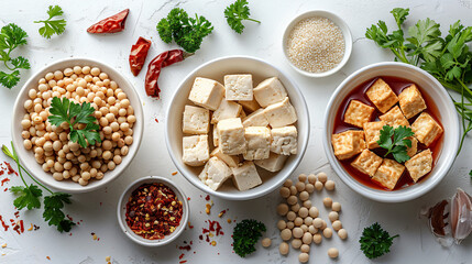 Tofu and soybeans in white bowls on white background top view