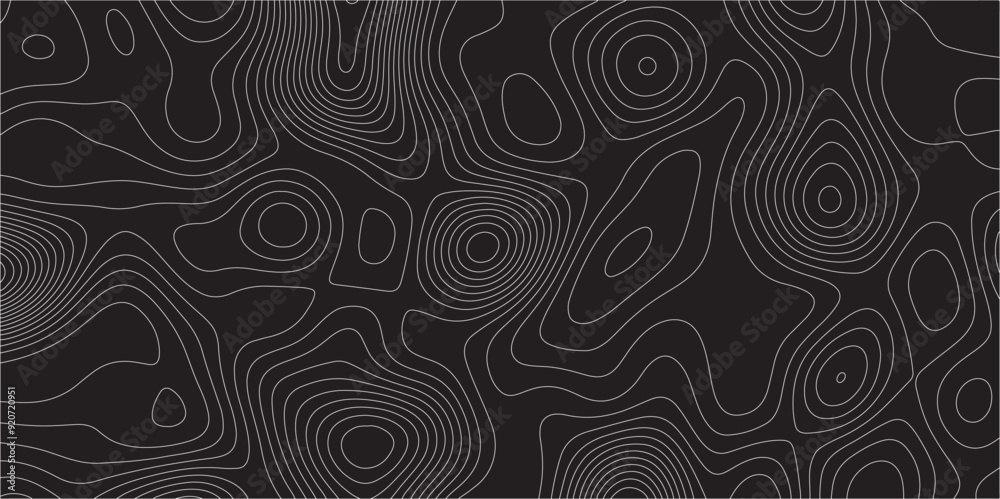 Poster Abstract white on black background Topographic line map pattern. Contour elevation topographic and textured Background Modern design with black background with topographic wavy patted.	