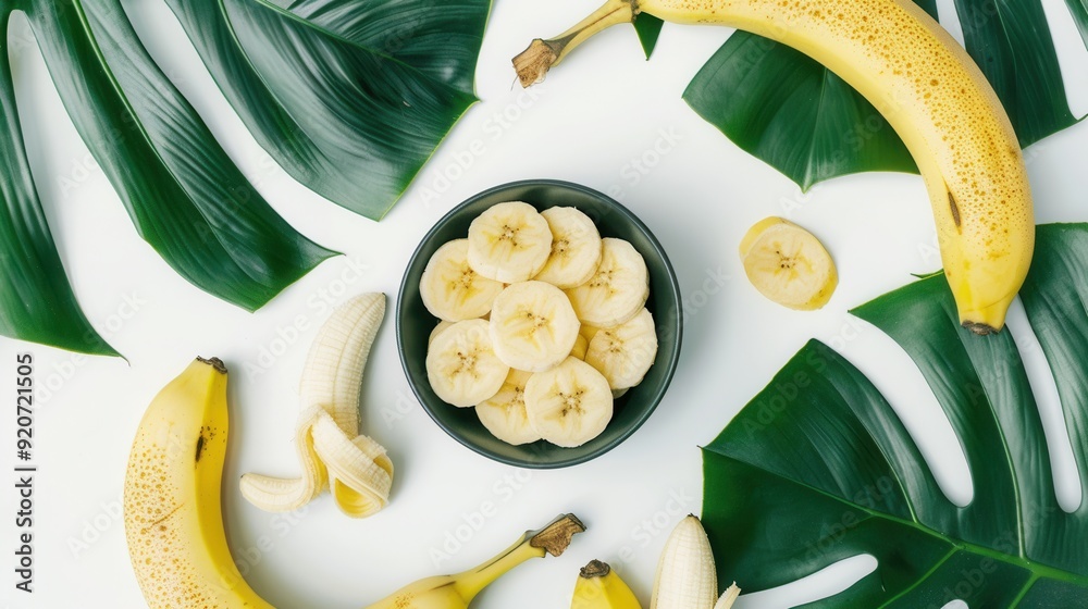 Wall mural fresh sliced banana fruit in a bowl on wooden table closeup view