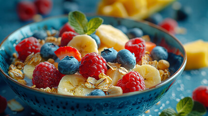 Top view of healthy fruits in blue bowl