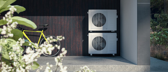 Air heat pump / air conditioning system installed at a modern sustainable home - panoramic 3D visualisation
