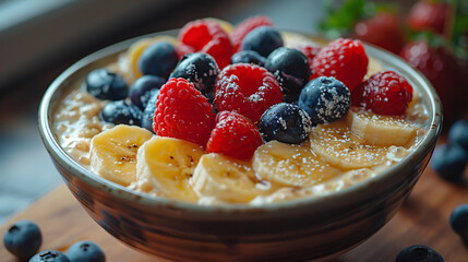 Top view of healthy fruits bowl on wooden board