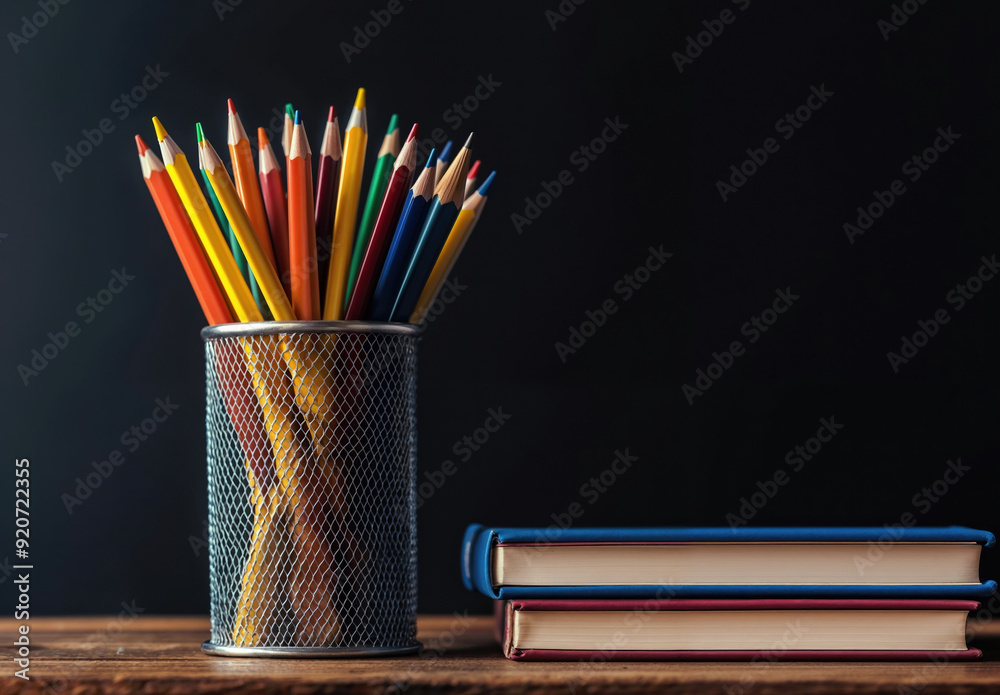 Poster back to school concept with colorful pencils and books on wooden table against black background with