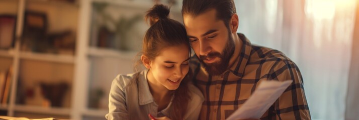 A father and daughter share a heartfelt moment together, hugging and reading a letter in a cozy and warm home environment.