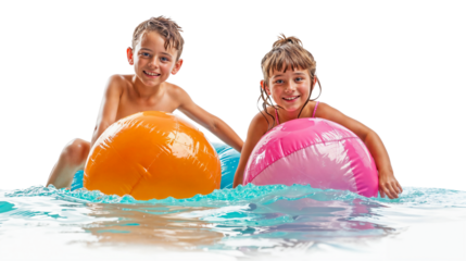 Summer Fun with Beach Balls: Two joyful kids splash in the waves, riding their colorful inflatable beach balls with pure summer joy. 