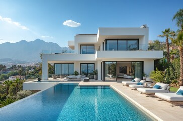 Fototapeta premium Luxury beach house with mountain view swimming pool and terrace in modern design. Lounge sun beds deck at vacation home or hotel. Contemporary holiday villa exterior