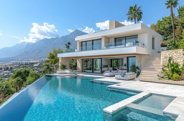Fototapeta premium Luxury beach house with mountain view swimming pool and terrace in modern design. Lounge sun beds deck at vacation home or hotel. Contemporary holiday villa exterior