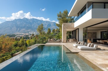 Fototapeta premium Luxury beach house with mountain view swimming pool and terrace in modern design. Lounge sun beds deck at vacation home or hotel. Contemporary holiday villa exterior