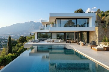 Obraz na płótnie Canvas Luxury house with mountain view swimming pool and terrace in modern design. Lounge sun beds deck at vacation home or hotel. Contemporary holiday villa exterior