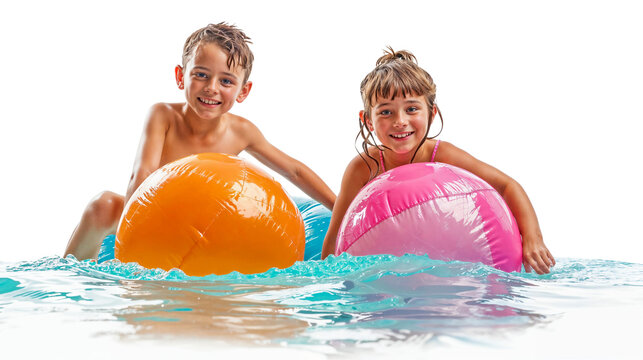 Summer Fun with Beach Balls: Two joyful kids splash in the waves, riding their colorful inflatable beach balls with pure summer joy. 