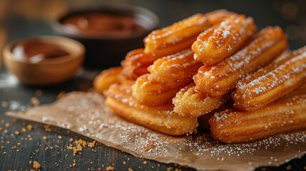 Traditional Spanish dessert churros with sauces